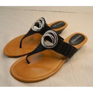St Johns Bay Womens Wedge Sandals Size 10M Black w/Silver Tone Embellishment